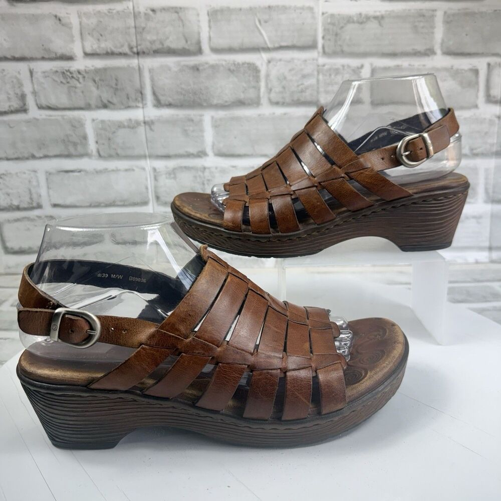Born Women’s Size 8 Brown Leather Sling Back Open Toe Woven Clog Sandals